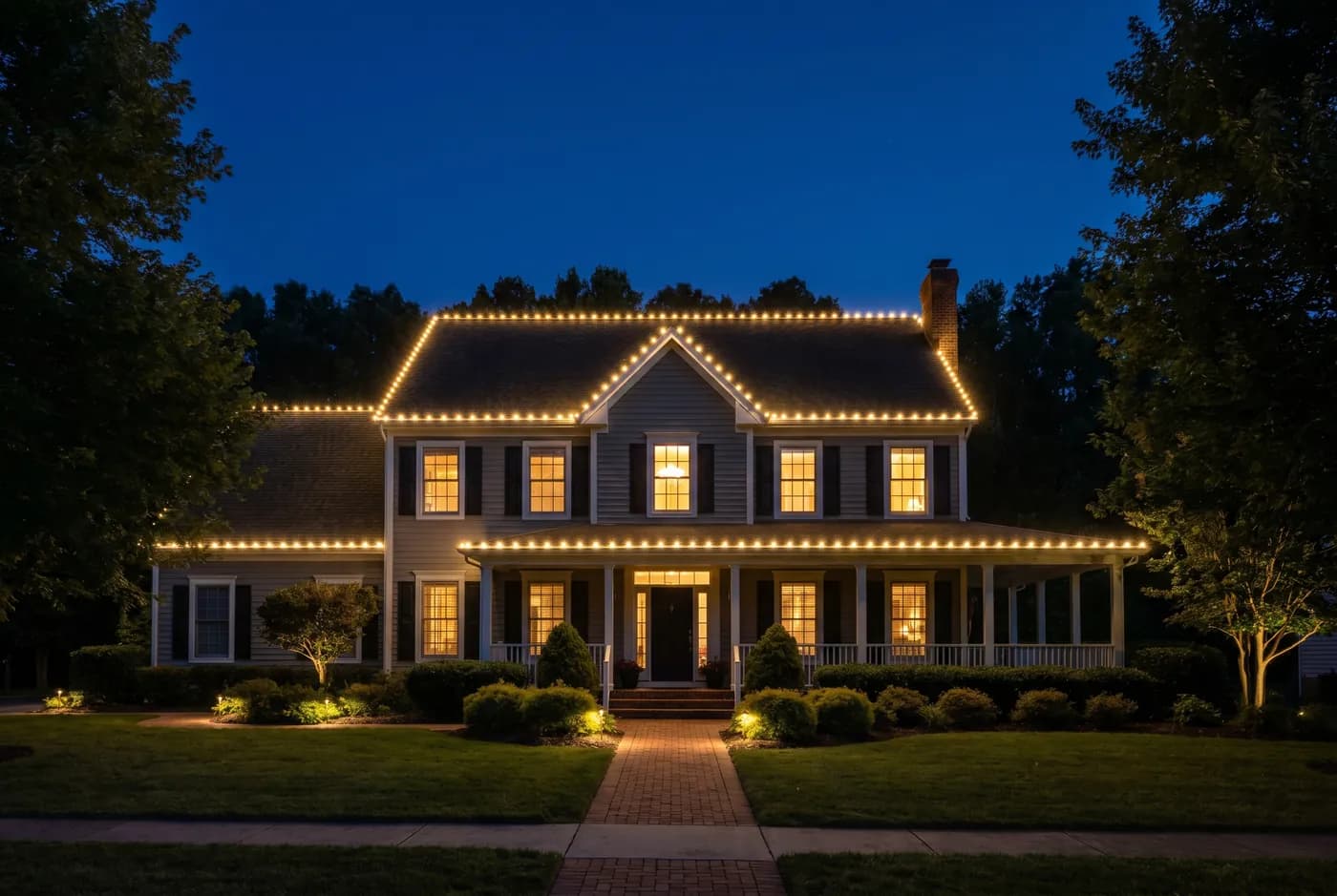 The same lighting on a summer evening, still on the house years after the install