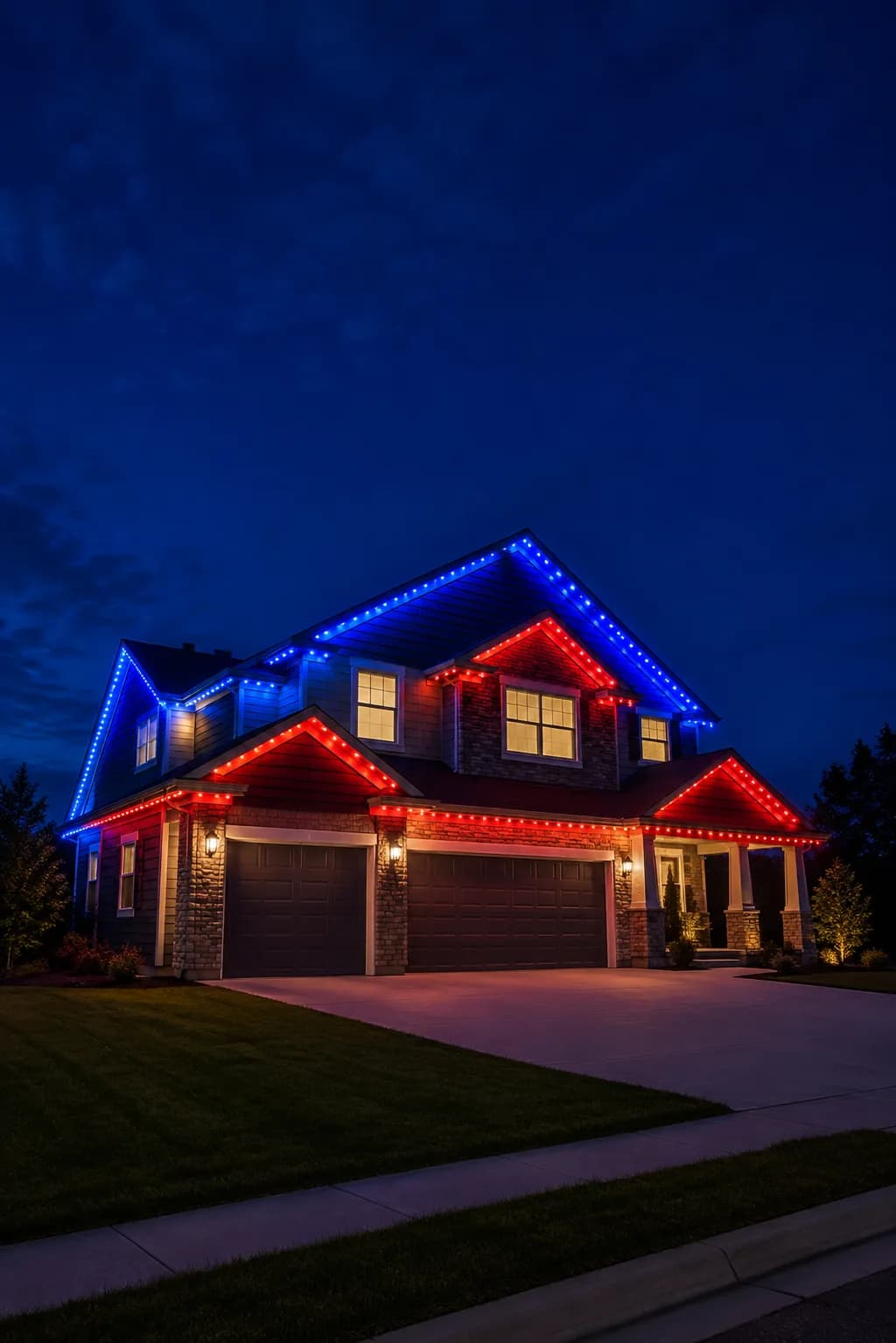 A two-story home at blue hour, the upper rooflines running blue and the gables and porch running red